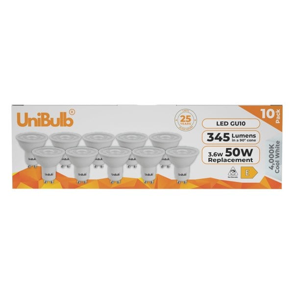 UniBulb LED GU10 345lm 3.6W 4000K (Cool White) Light Bulb - Pack of 10 front