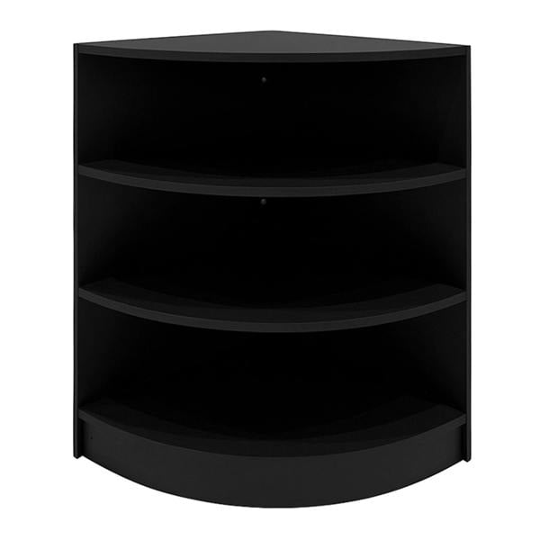 Black Europa LED shop counter set with a sleek corner design, featuring three spacious shelves for display and storage
