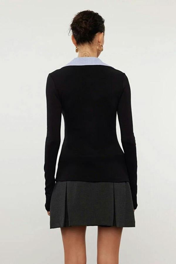 WOVCOR Woven Shirt Collar Knit Blouse