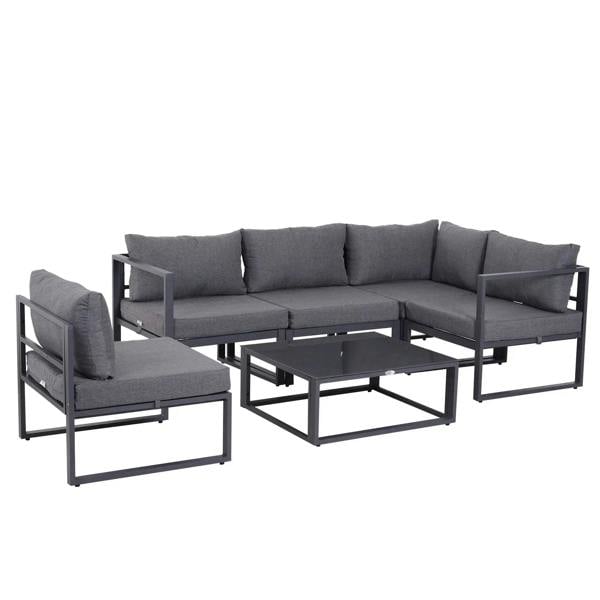 Grey outdoor corner sectional sofa set with thick padded cushions and matching coffee table