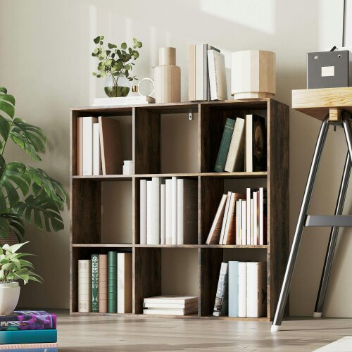 Wyld Haus Toleel Wooden Rustic Brown 9 Cube Storage Bookcase