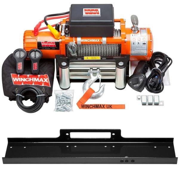 Winchmax 13,500lb (6,123kg) 24V Winch 26m x 95mm Steel Rope, Flat Bed Mounting Plate