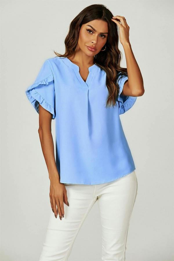 FS Collection Frill Trim Detail Short Sleeve Blouse Top In Light Blue