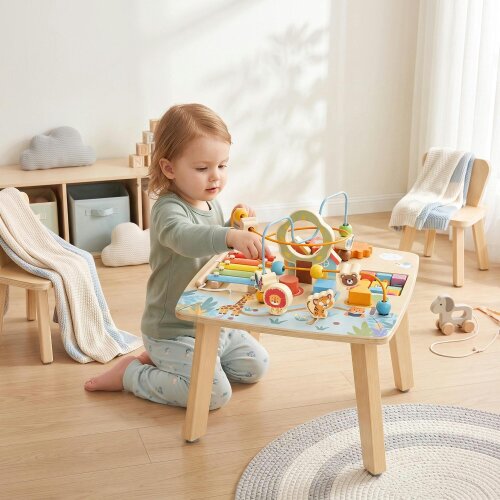 AIYAPLAY 6 In 1 Wooden Baby Activity Table with Bead Maze, Shape Sorter