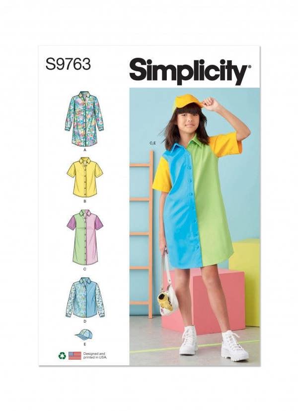 Simplicity Sewing Pattern 9763, Dresses, Tops, Shirts, Headwear for Kids, Teenagers, Men, Women, A (7-8-10-12-14) - Intermediate