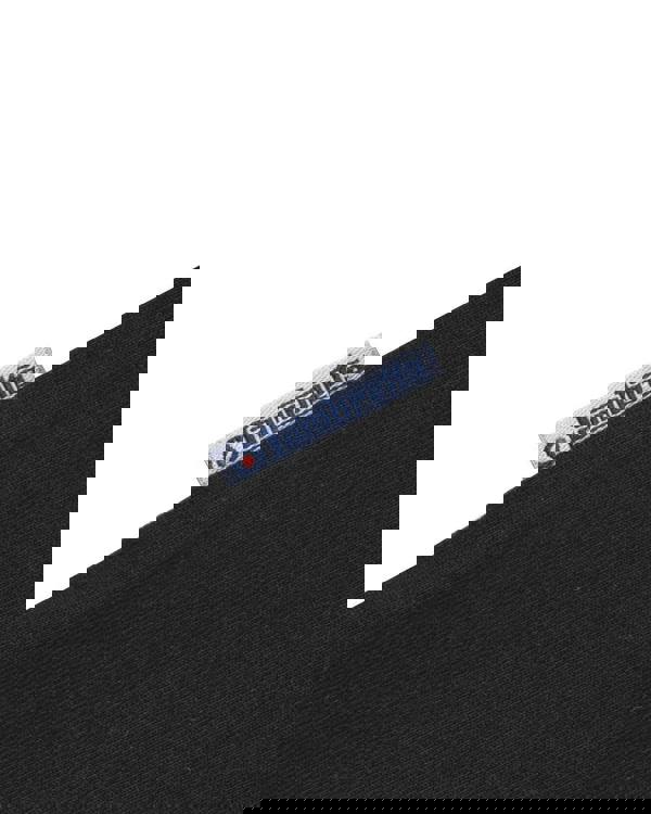 Lambretta Mens Two Tone Stripe Classic Mod Ska Casual Smart T-Shirt, close-up of the black fabric with a visible Lambretta label tag.