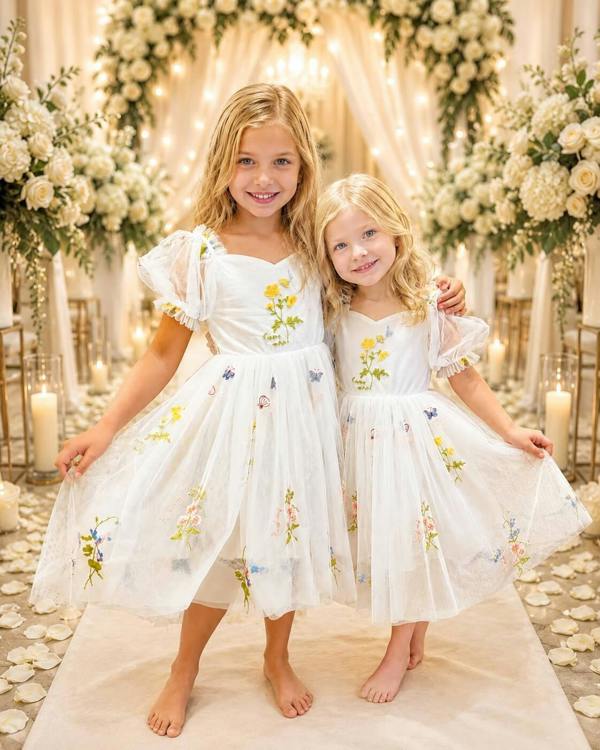 UK Flower Girl Boutique Enchanted Forget Me Not Dress - White