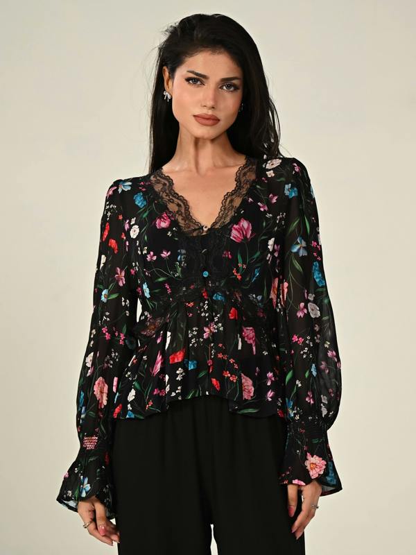 Rose & Nancy Juliette Black Floral Lace Trim Blouse