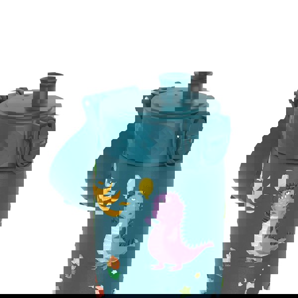 A teal water bottle features a whimsical design with a purple dinosaur holding a yellow balloon, surrounded by colorful stars and plants, set against a plain white background.