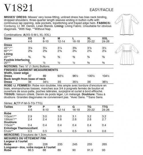 Vogue Sewing Pattern 1821, Dresses for Women, A (XS-S-M-L-XL-XXL) - Easy