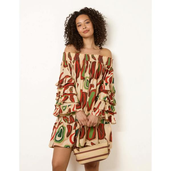 Blue Vanilla Printed Frill Sleeve Bardot Off Shoulder Tunic Dress