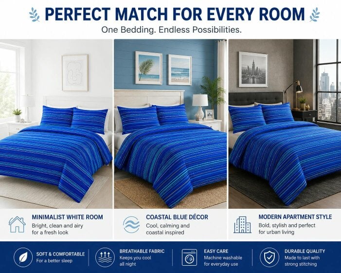 Night Zone Leon Stripe Lines Reversible Duvet Cover Set – Modern Easy Care Bedding with Pillowcases