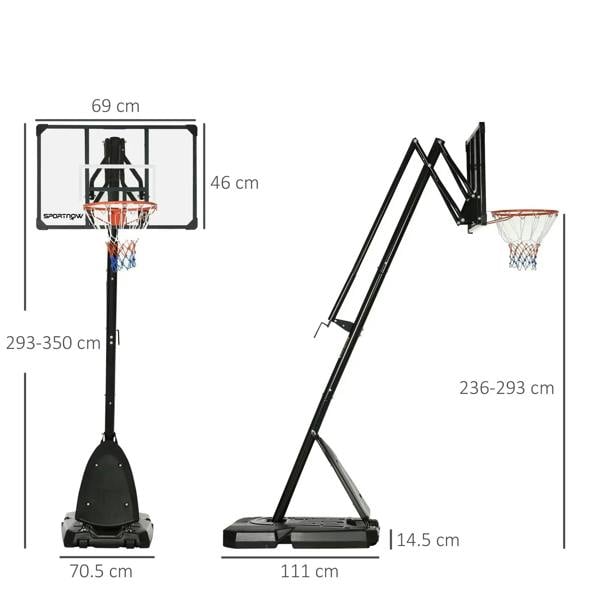 Adjustable black basketball hoop stand with net, wheels, and size diagram