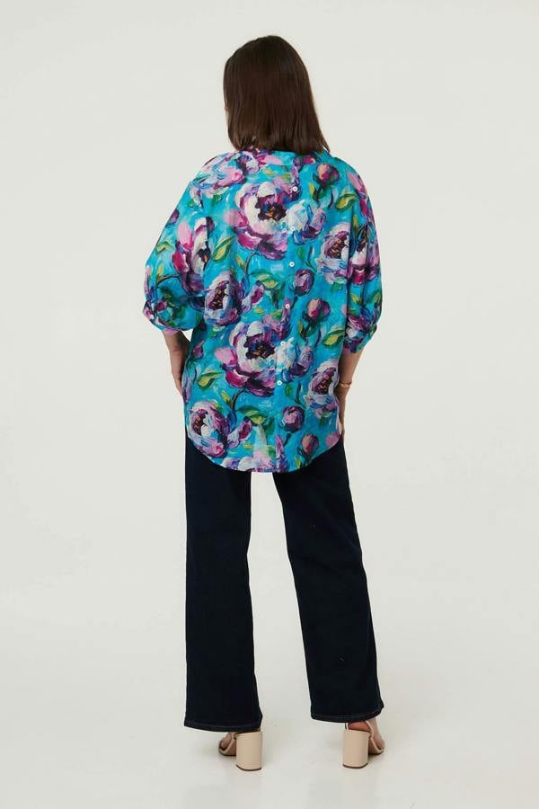 Blue | Floral Button 3/4 Sleeve Relaxed Blouse