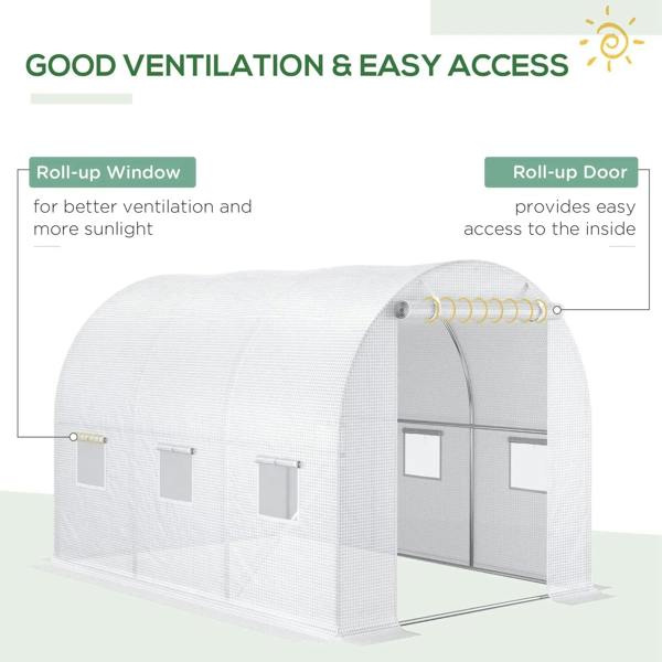 White greenhouse tunnel cover diagram showing roll-up window and roll-up door access