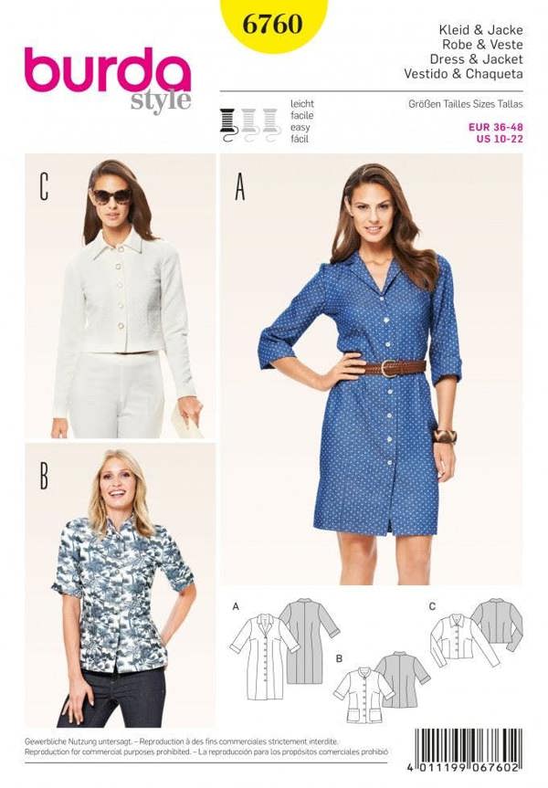 Burda Sewing Pattern 6760 Dresses, Jackets, Shirts and Tops For Women, 10-12-14-16-18-20-22 - Easy