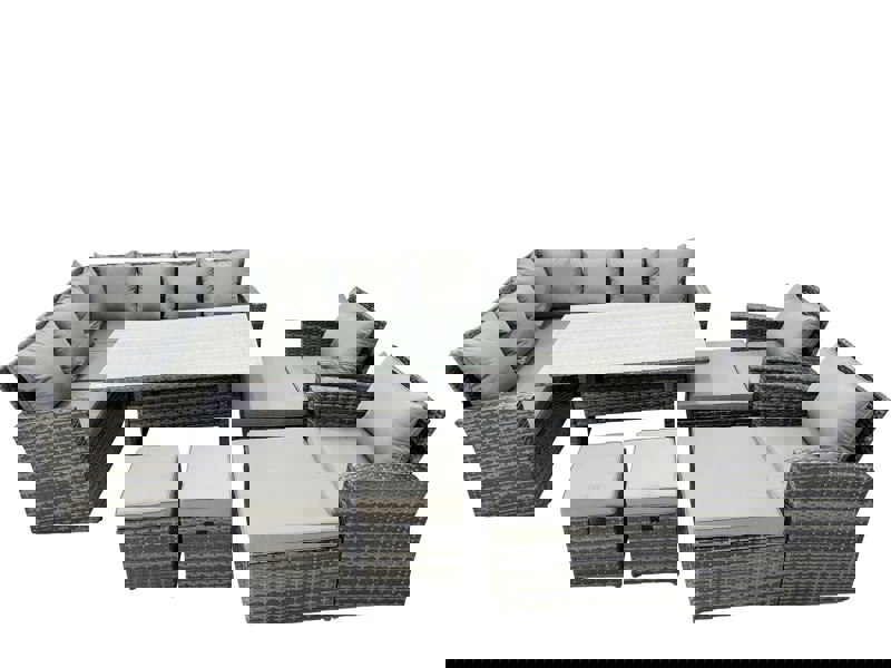 Fimous 12 Seat Rattan High Back Corner Sofa Set Patio Dining Table Set with 4 Stools 2 Chair Dark Grey Mixed