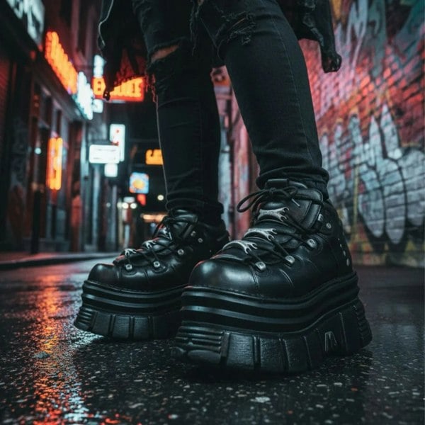 New Rock M-106-C178 Black Gothic Punk Chunky Ankle Boots