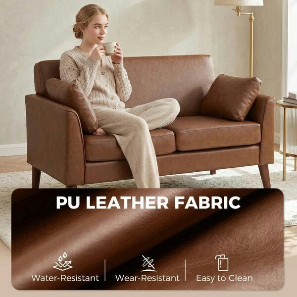 2 Seater Sofa, 132 cm Modern Small Sofa with Solid Wood Legs and 2 Pillows for Small Space, Brown