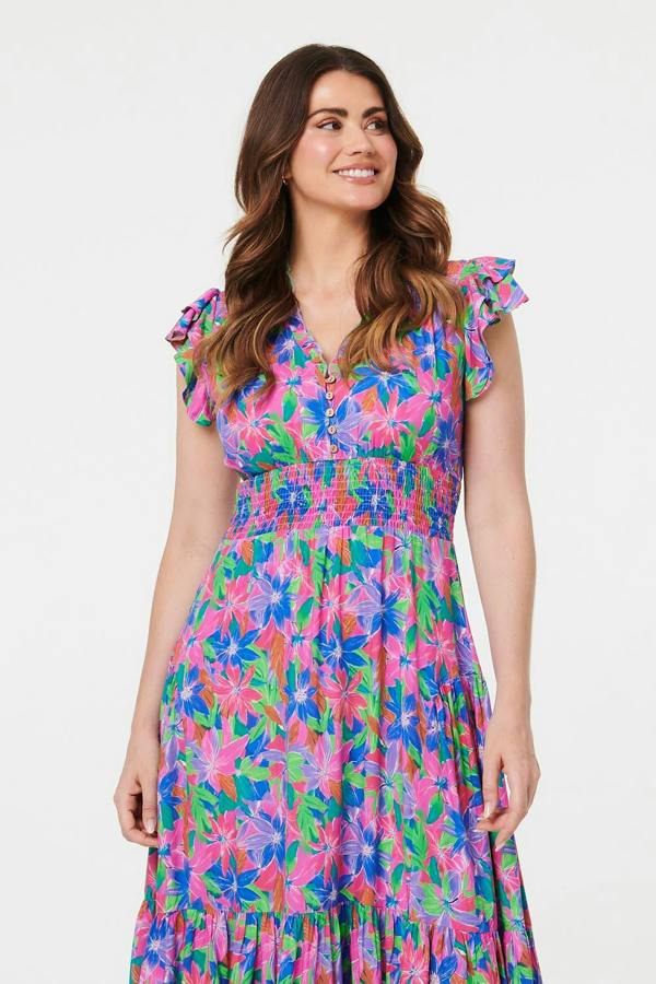 Blue | Floral Shirred Cap Sleeve Maxi Dress
