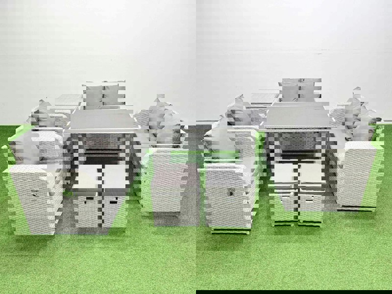 Fimous 8 Pieces Outdoor PE Rattan Sofa Reclining Chair Set Patio Garden Furniture Sets with Cushions Side Table 2 Small Stools Light Grey