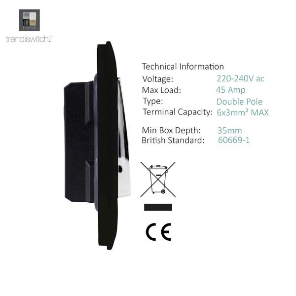 Trendi Switch 1 Gang 45 Amp Cooker Switch with Neon in Matt Black
