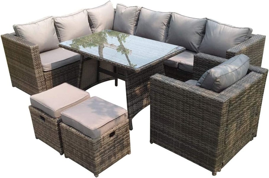 Fimous 9 Seater Grey Rattan Corner Sofa Set Dining Table Chair Foot Rest Garden Furniture Outdoor
