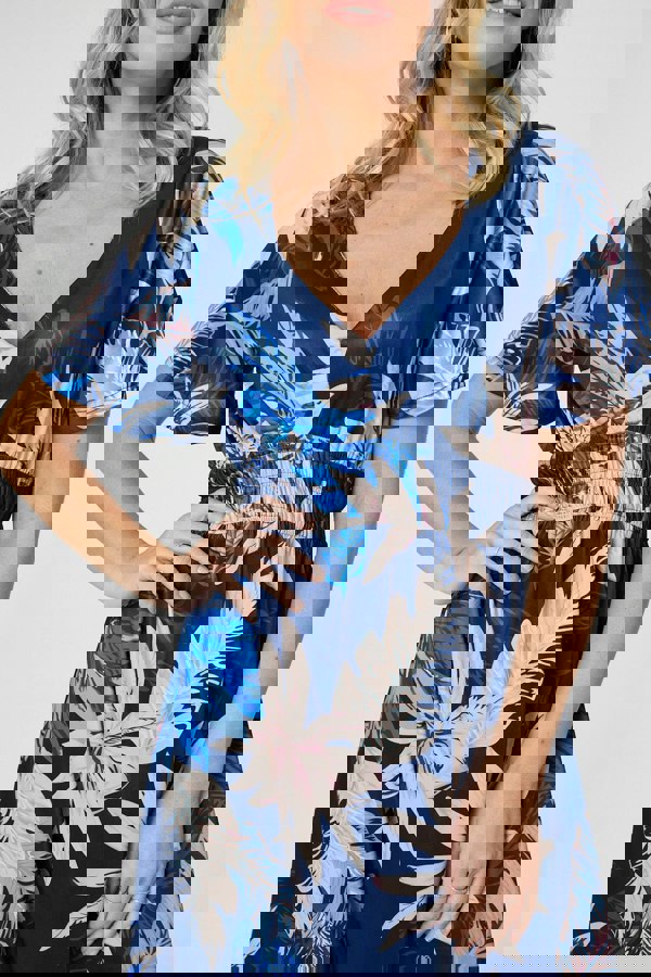 Blue | Leaf Print Empire Waist Midi Dress