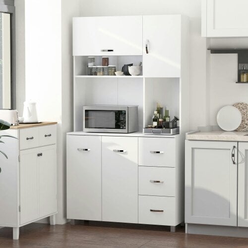 Wyld Haus Vivivi Hapa Wooden White Tall Kitchen Sideboard With Drawers Flip Door Cupboards And OFauxn Shelves