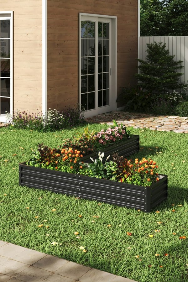 Living and Home L-Shaped Galvanized Steel Raised Garden Bed Charcoal Black