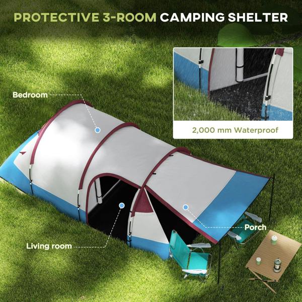 Red and blue tunnel camping tent on grass with bedroom and living room sections.