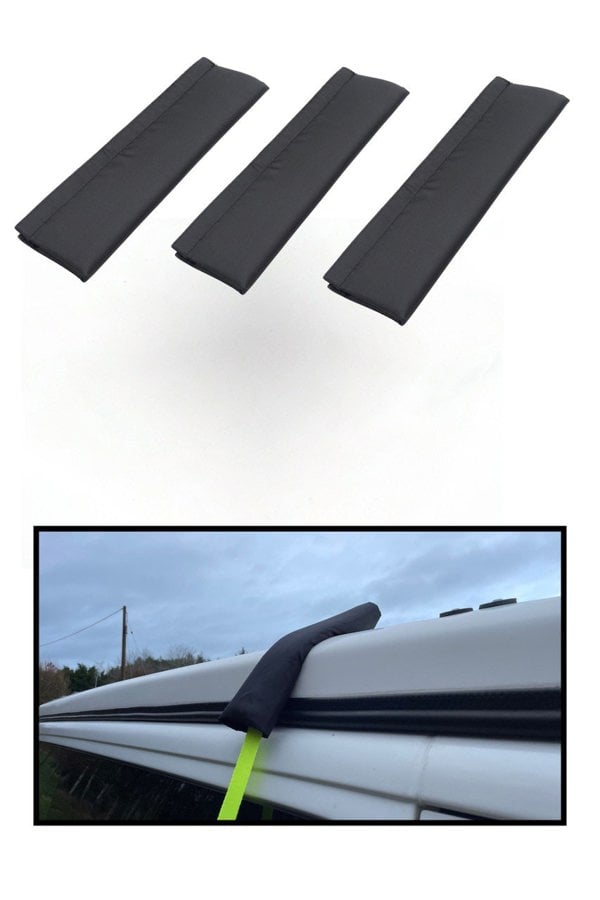 The 3 pcs Tent protectors for awning Straps on a white background and being used on a VW Camper van.