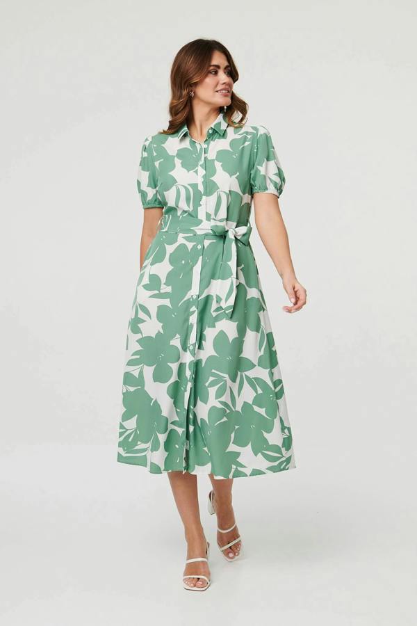 Sage | Abstract Floral Tie Waist Midi Dress