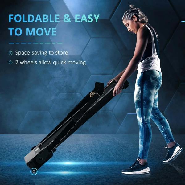 Folded black treadmill with transport wheels and angled storage position