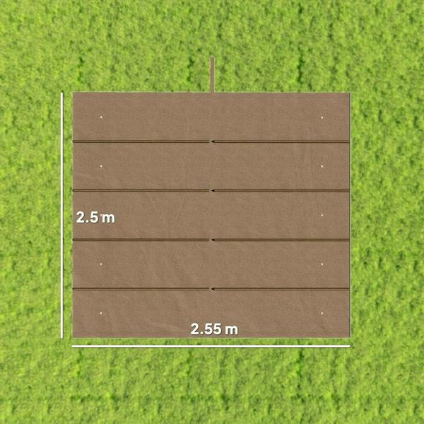 Tan pergola canopy fabric panel with 2.55 m by 2.5 m size markings