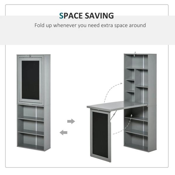 Grey folding convertible desk shown folding out for space saving storage