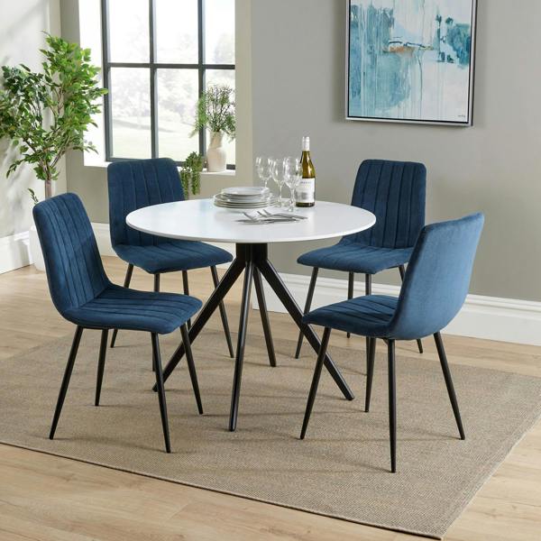 Core Products Aspen Dining Set - White Round Table & 4 Upholstered Straight Stitch Dining Chairs