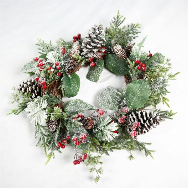 60cm Frosty Green Artificial Christmas Wreath with Snow Effect, Pinecones, Berries and Flowers image 1