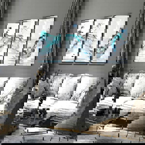 Art print set of 3 | Teal Japanese wall art print for living room