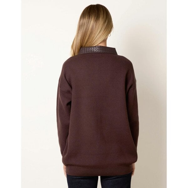 Blue Vanilla PU Woven Detailed Collar Knitted Polo Jumper