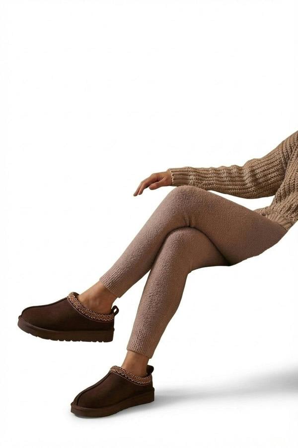 Ravina Chunky Slip On Suede Slippers With Stitch Detail - Brown_wb