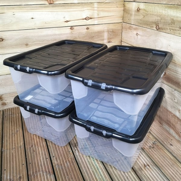 Samuel Alexander 4 x 42L Clear Storage Box with Black Lid, Stackable and Nestable Design Storage Solution