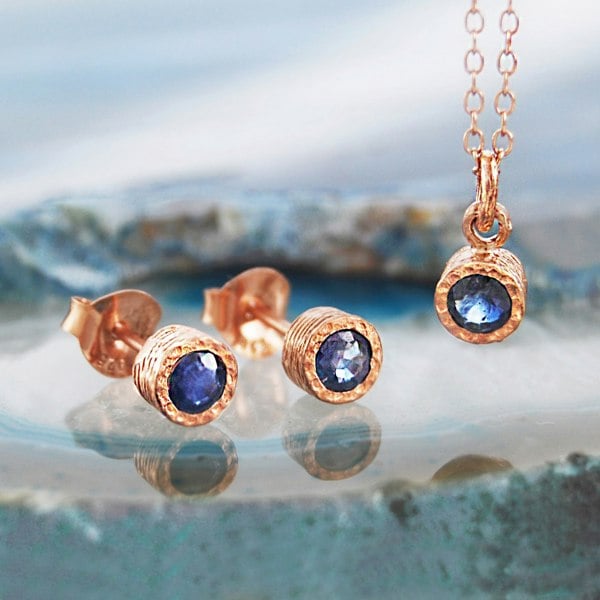 Blue Sapphire September Birthstone Rose Gold plated Silver Stud Earrings and Necklace Jewellery Set