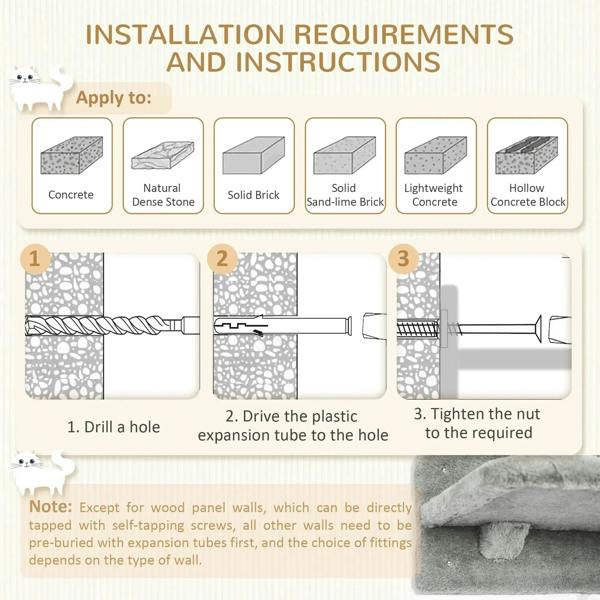 Wall-mounted cat tree installation guide illustration with mounting steps and wall blocks