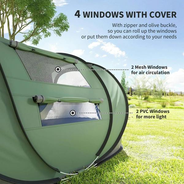 Pop-up camping tent with four windows and covers, showing mesh vent windows on sides