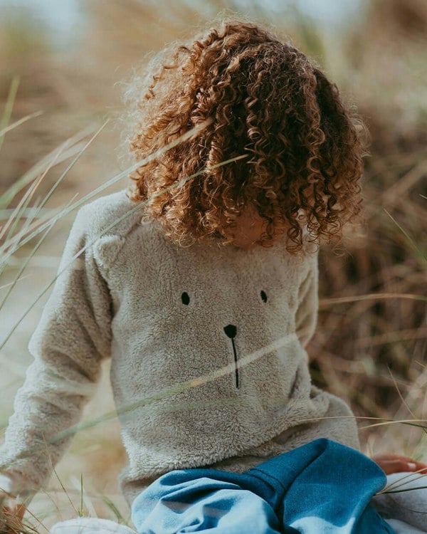 organic cotton Cream Bear Face Print Textured Sweatshirt- image 1