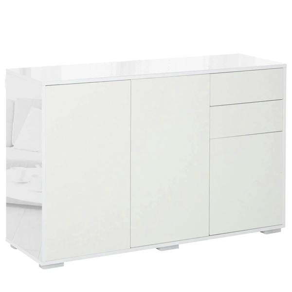White high-gloss side cabinet with two doors and two drawers, push-open design