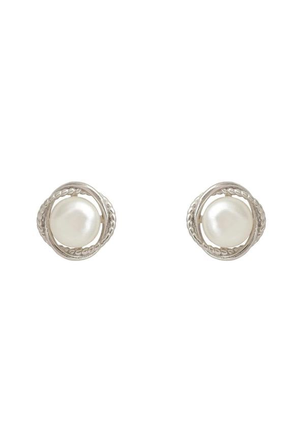 Pair of silver earrings with pearl centers on a white background