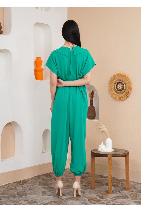 Hoxton Gal Oversized Short Sleeves Frilled Front Jumpsuit in Green