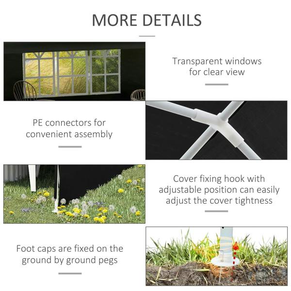 Black party tent gazebo detail view: transparent windows, connectors, hooks, and ground pegs